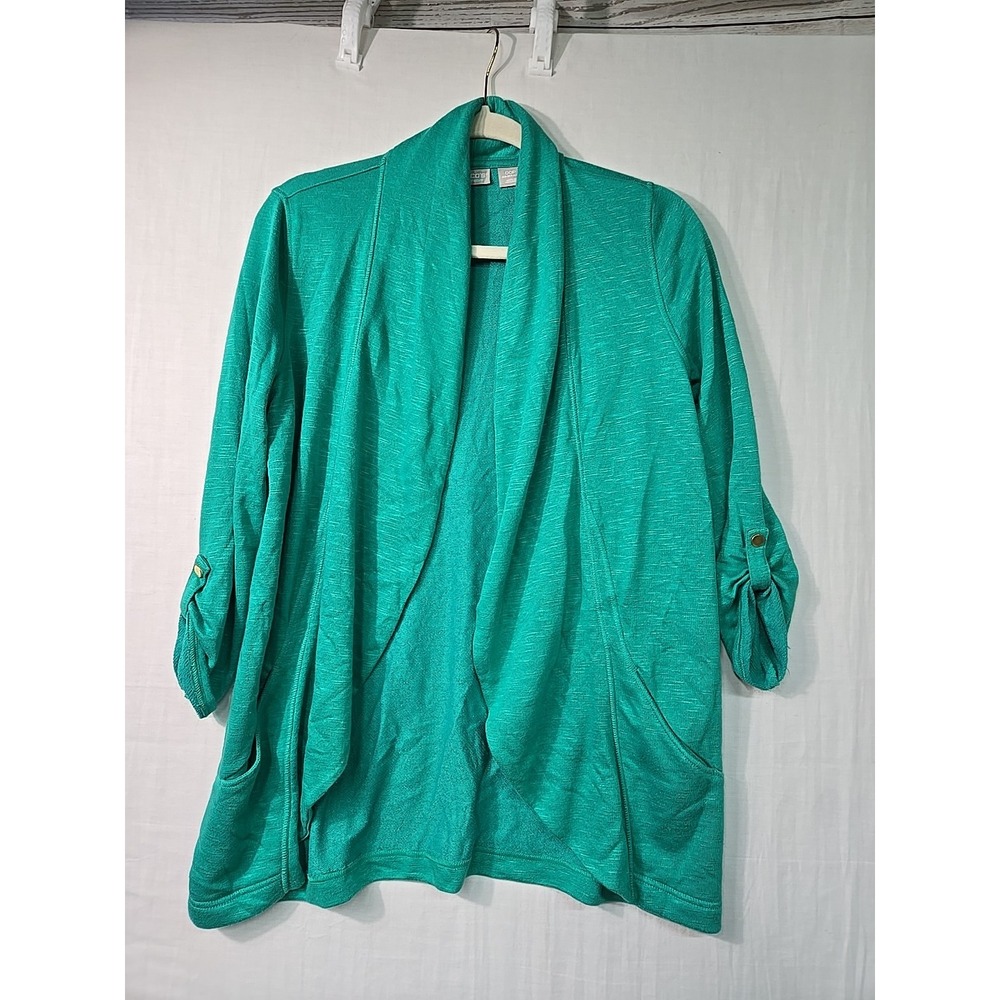 Chico's 00P Cardigan Womens 2‎ Petite Green Open Front Cardigan 3/4 Roll Tab
